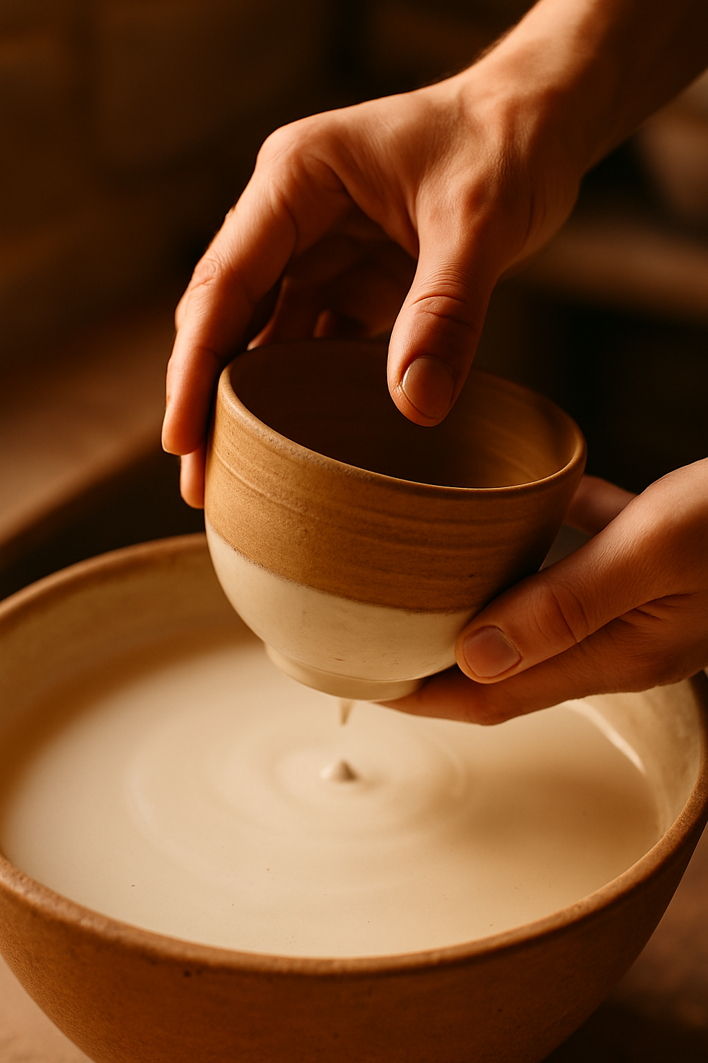 Hands dipping a bowl into glaze