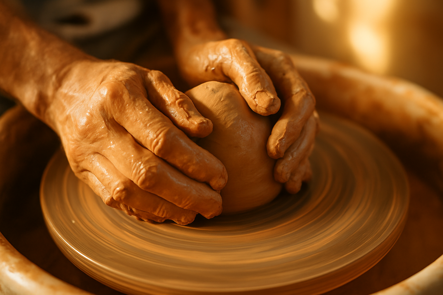 Julia Colby's hands centering clay on the wheel