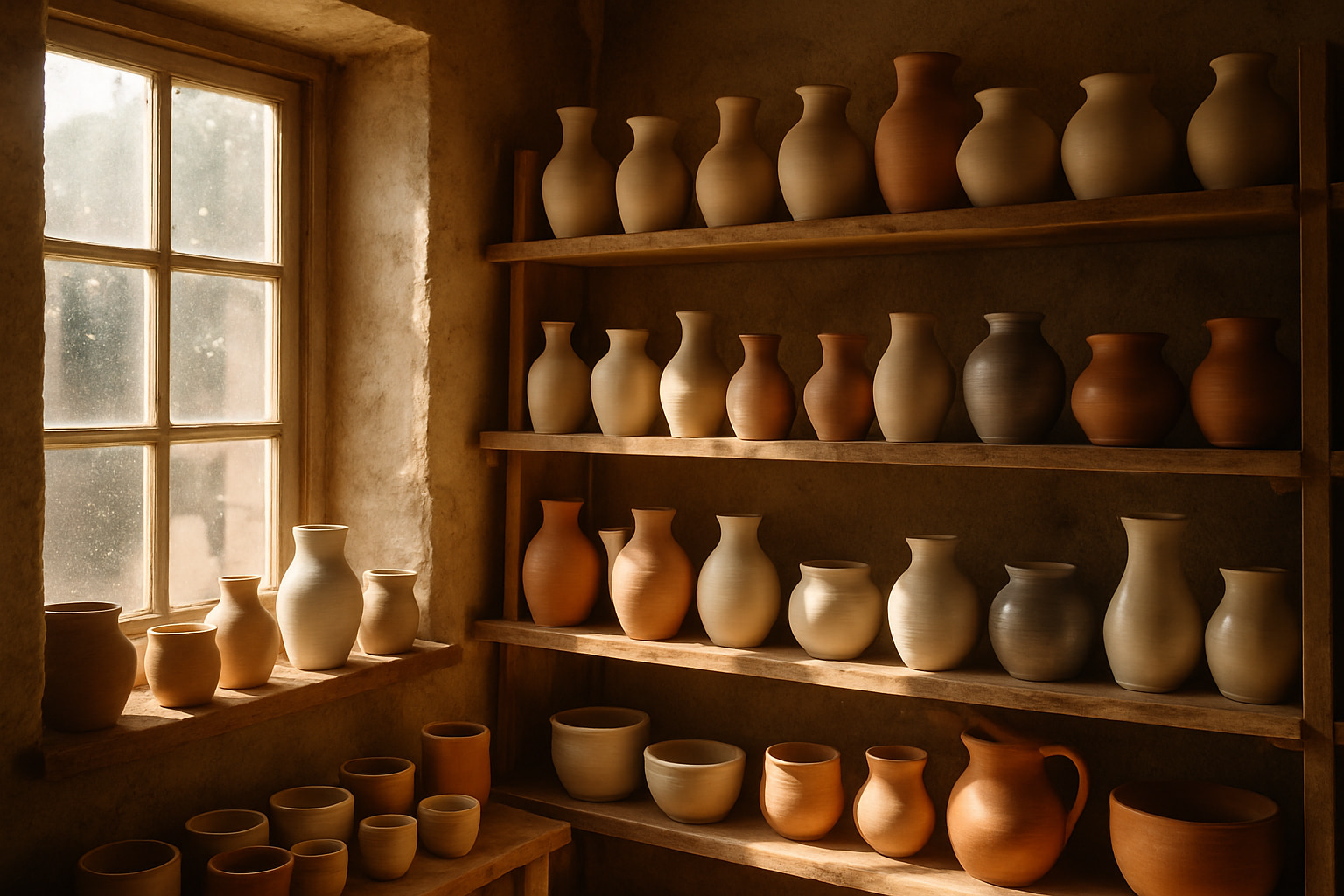 Shelves of ceramics in Julia's sunlit studio