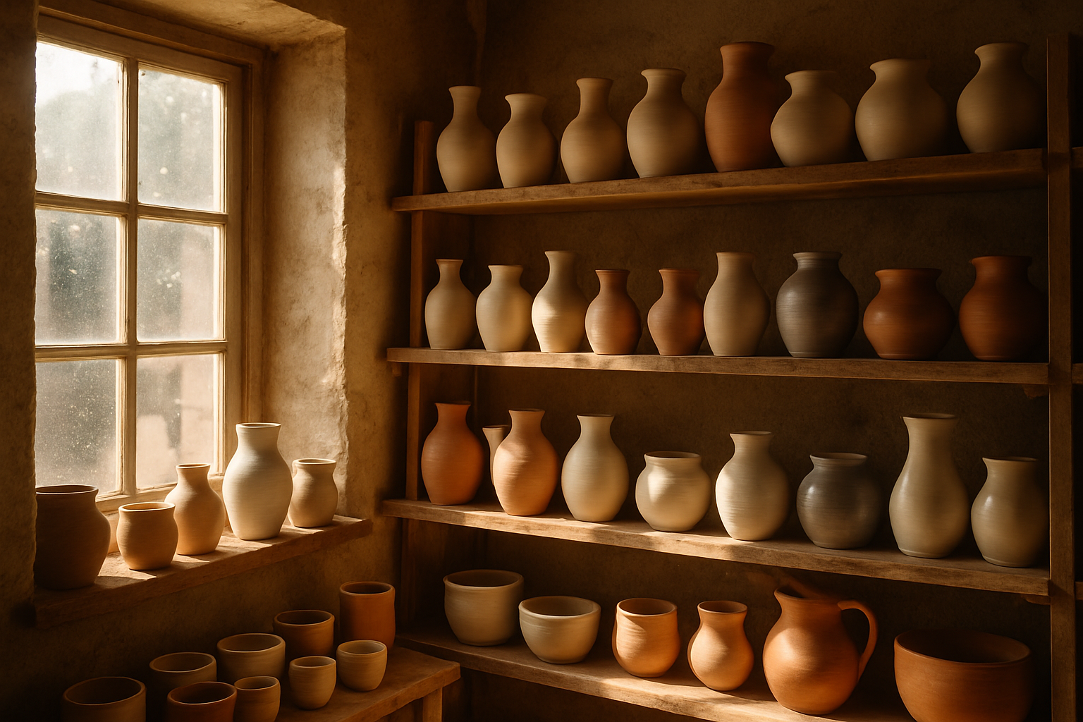 Shelves of ceramics in Julia's sunlit studio