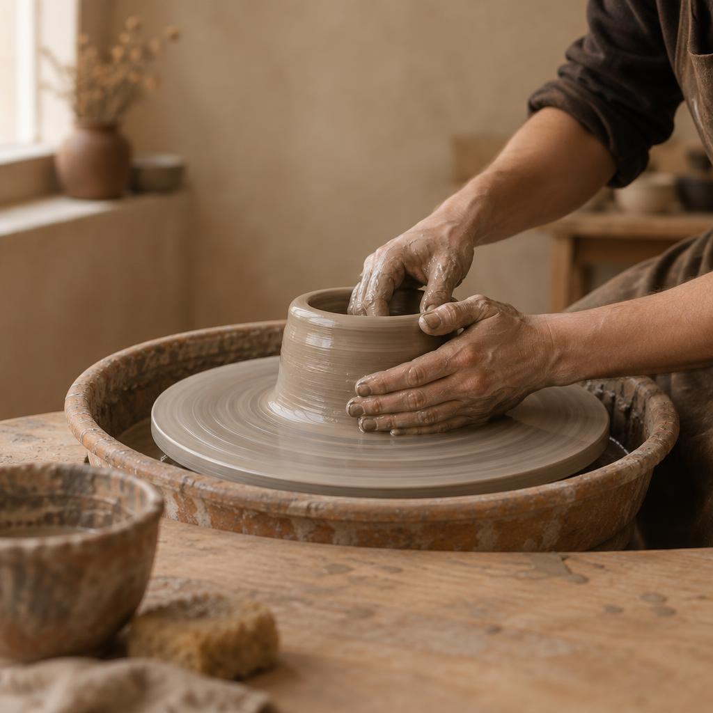 Two hands shaping wet clay on a spinning potter's wheel